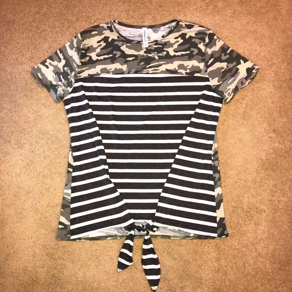 Tickled Teal Camo Striped Short Sleeve Top Size M Army Green Grey Front Knot Tie